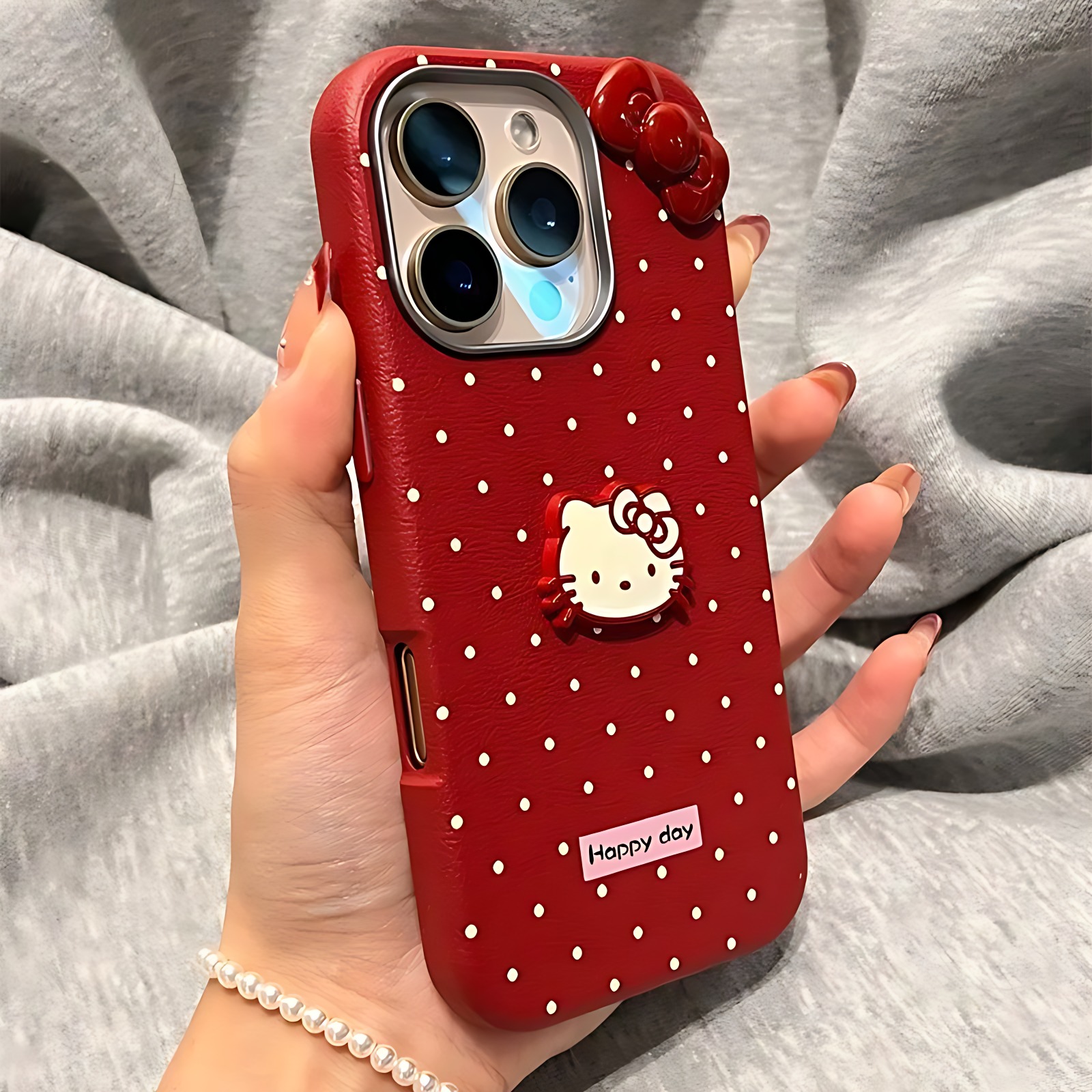 Lucky白波点红色凯蒂适用iPhone1716荔枝纹15金属框手机壳13