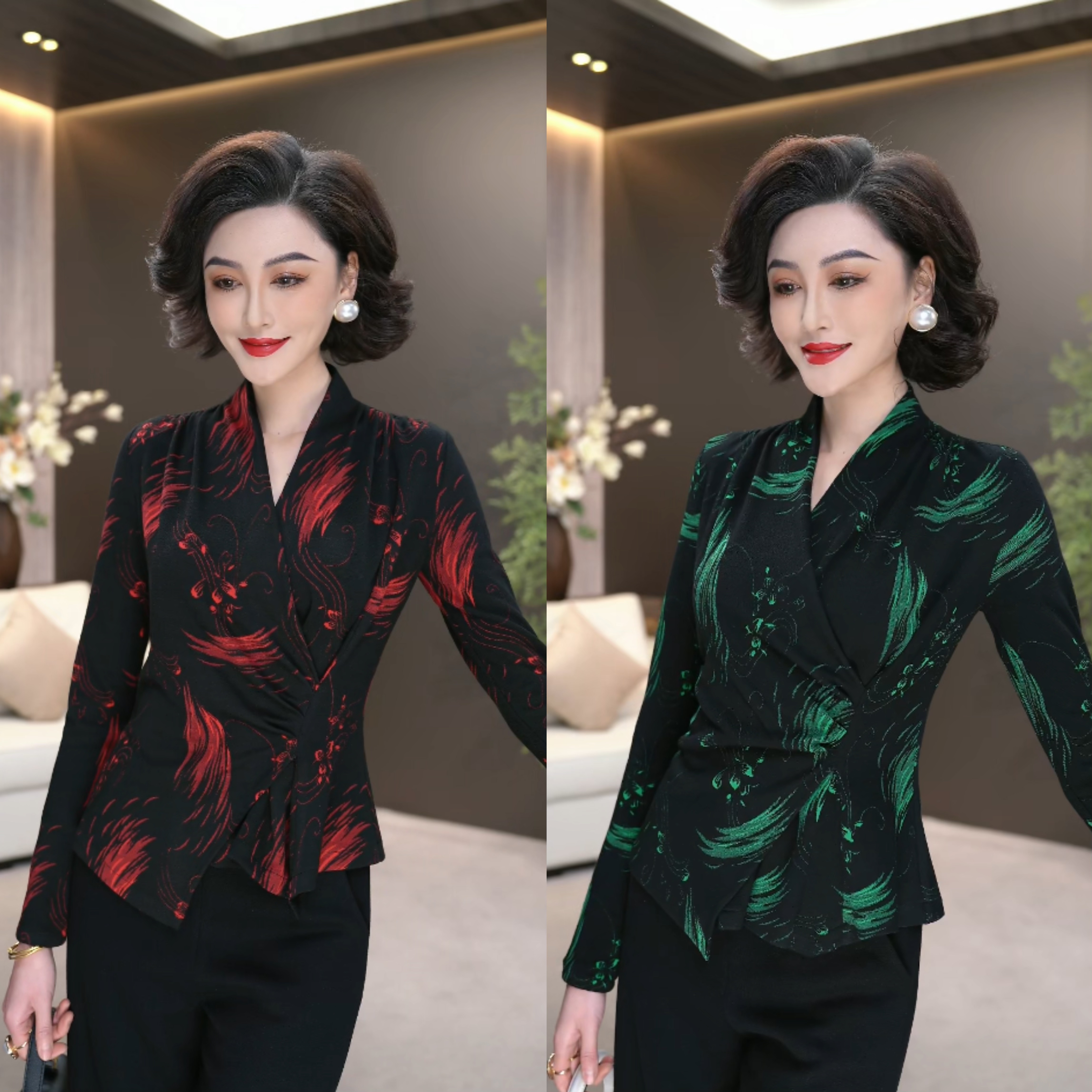 【虞菲】新款包裹式V领黑底艺术感提花弹力梭织高雅上衣小衫WF6015