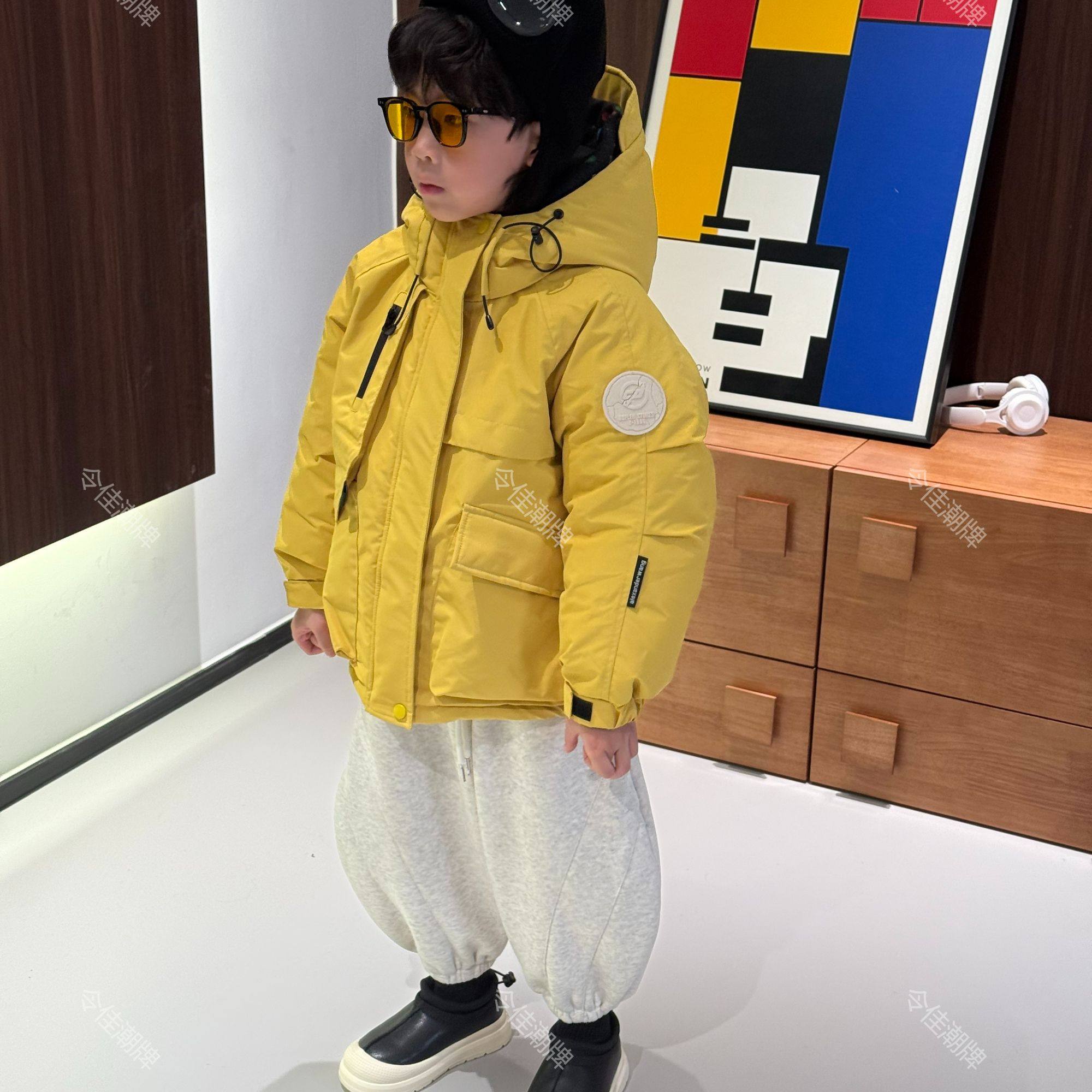 令佳潮牌冬季儿童中性百搭加厚保暖连帽杜邦三防黄色棉袄宝宝3267