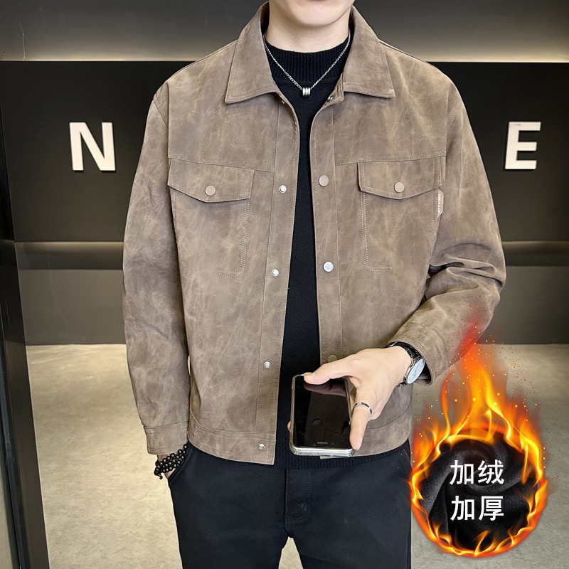 【加绒 蛋白软皮 哑光高级】男士时尚翻领韩版复古百搭皮衣夹克外套