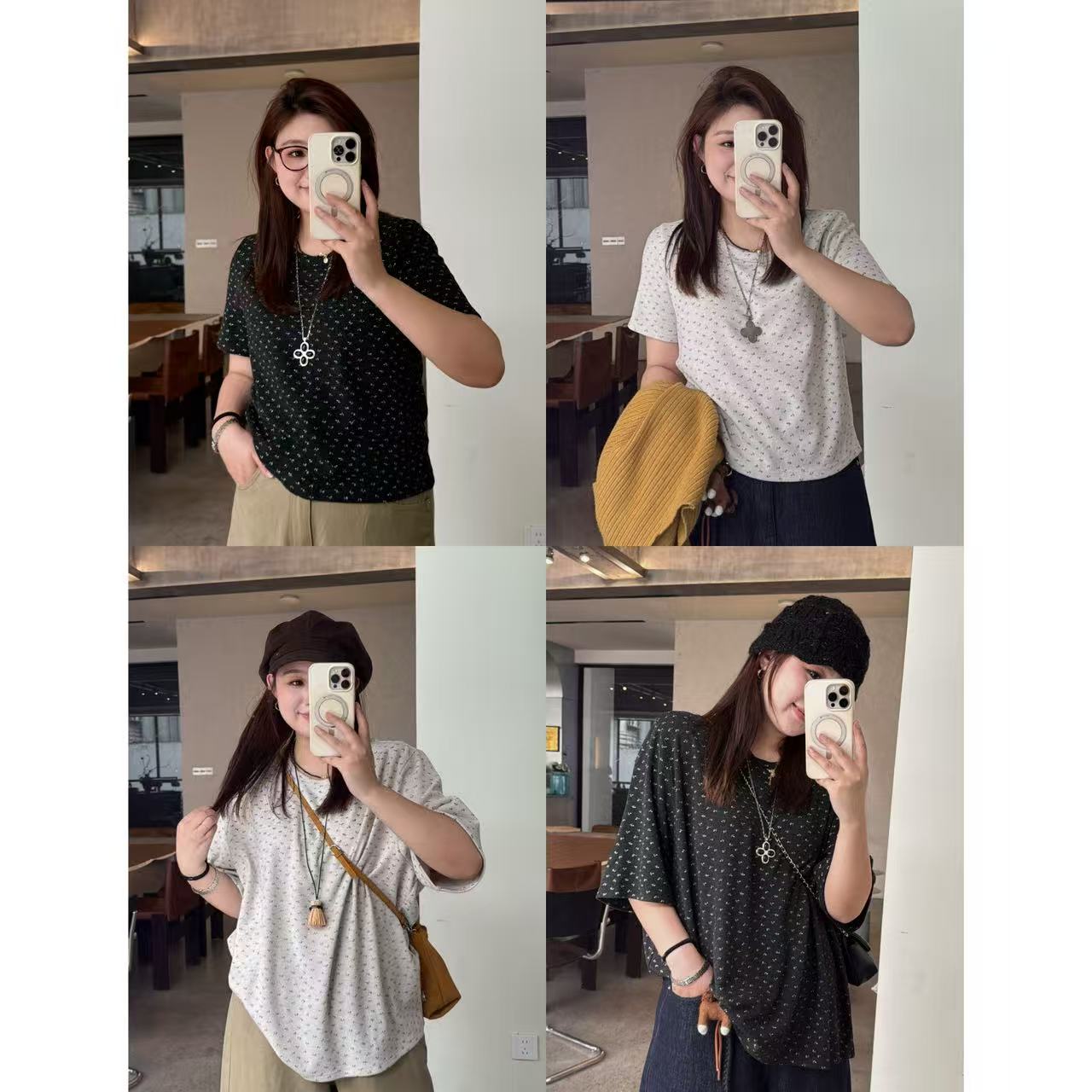 晶咕佳佳【百利甜】碎花绒感两个版本秋冬打底短袖T恤显瘦休闲时尚