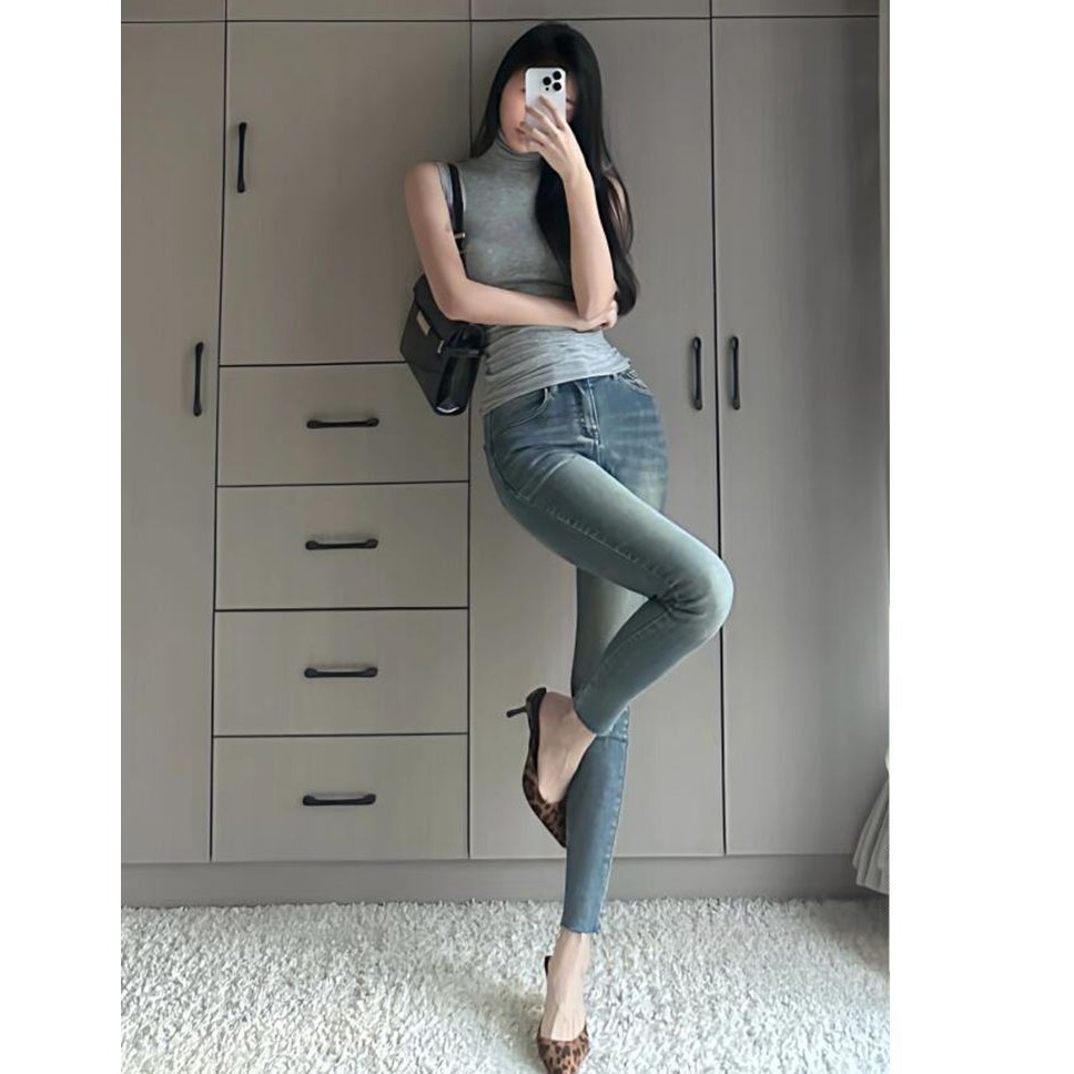 2025新款高个子复古蓝牛仔裤女高腰修身显瘦包臀显腿长铅笔九分裤