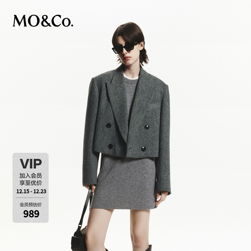 MOCO西装秋短款廓形垫肩戗驳领绵羊毛牦牛绒MBD3BLA010