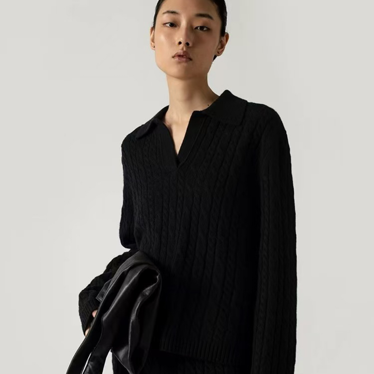 复古绞花polo领针织宽松套头衫女士2025秋冬纯色6343