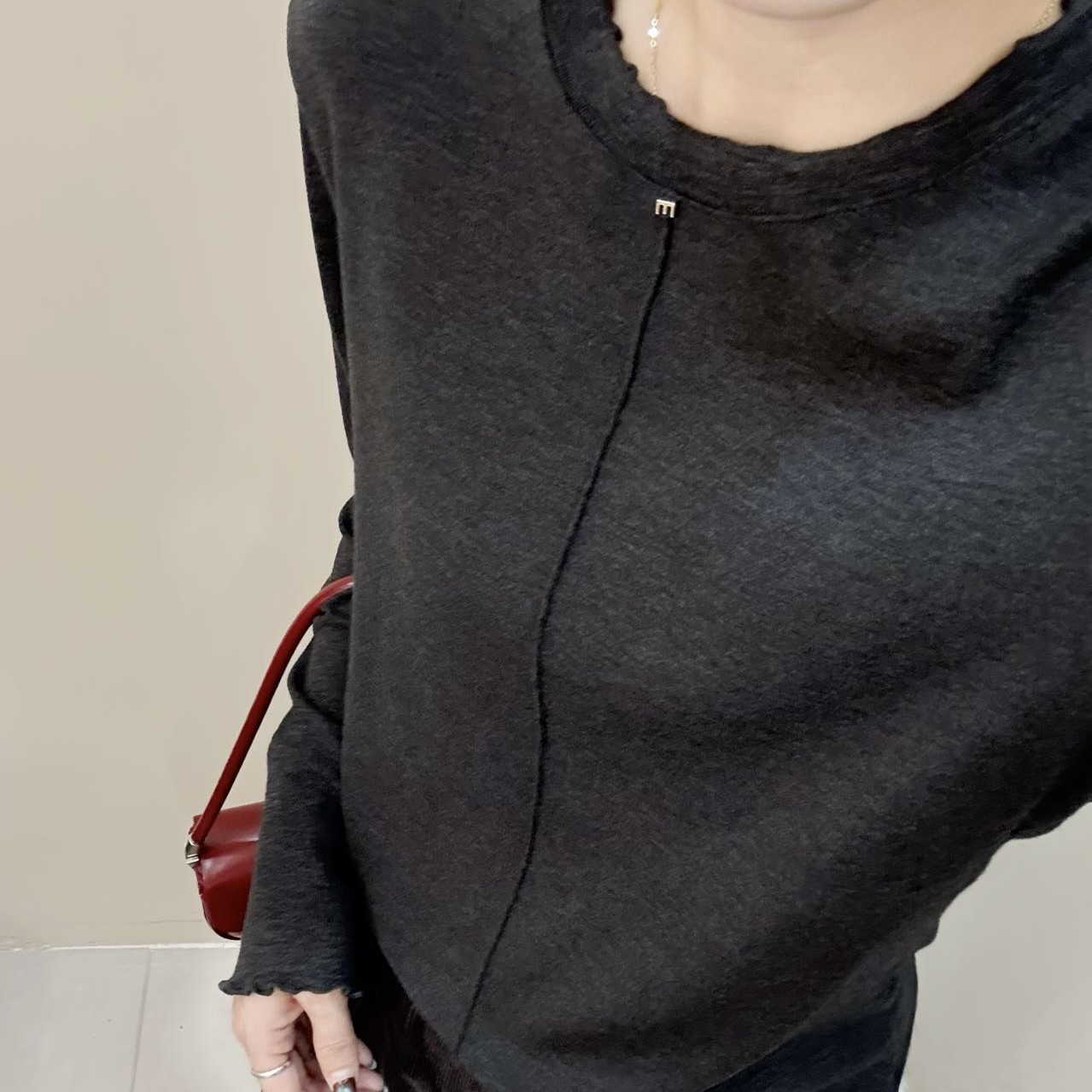 LMM 3093正版秋季新款韩版木耳边波浪边圆领长袖打底衫T恤衫女