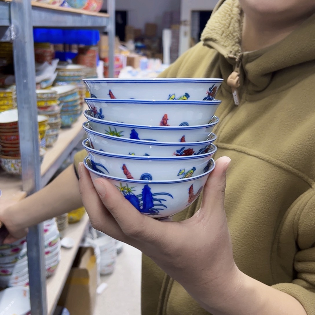 瓷片4.7英寸五彩锦鸡碗6个