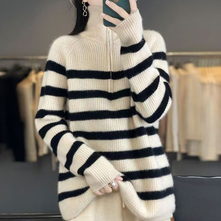 100%羊毛衫女半拉链毛衣秋冬季加厚针织衫宽松条纹衫外穿立领上衣