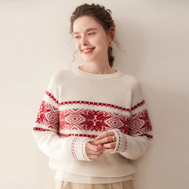 三股加厚羊绒衫针织重磅提花圆领女套头针织衫毛衣