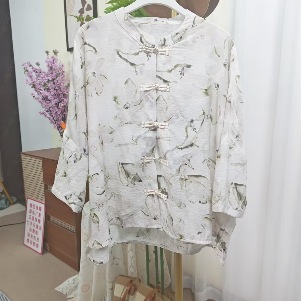 236水墨花韵夏季新款衬衫圆领开衫七分袖文艺洋气女装防晒上衣