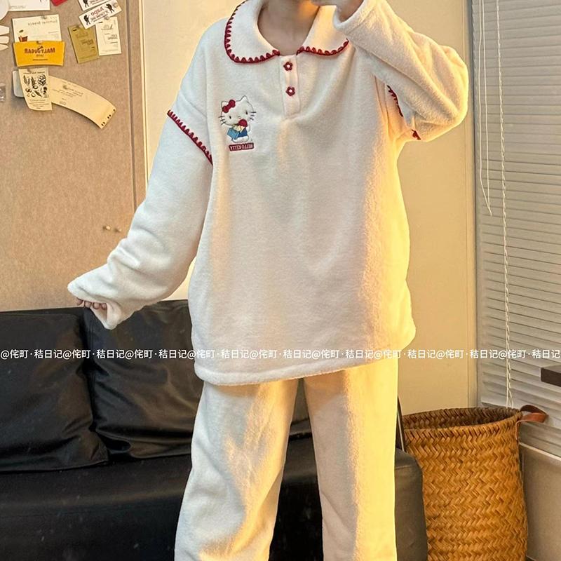 侘町2024年新款秋冬季果粒绒睡衣女花花kitty保暖加绒加厚家居服