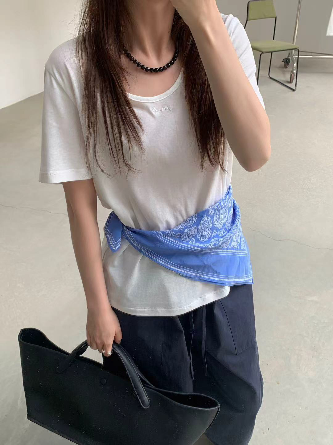 abow@0218 韩系简约U领宽松百搭纯色短袖T（亚亚麻麻）6-7