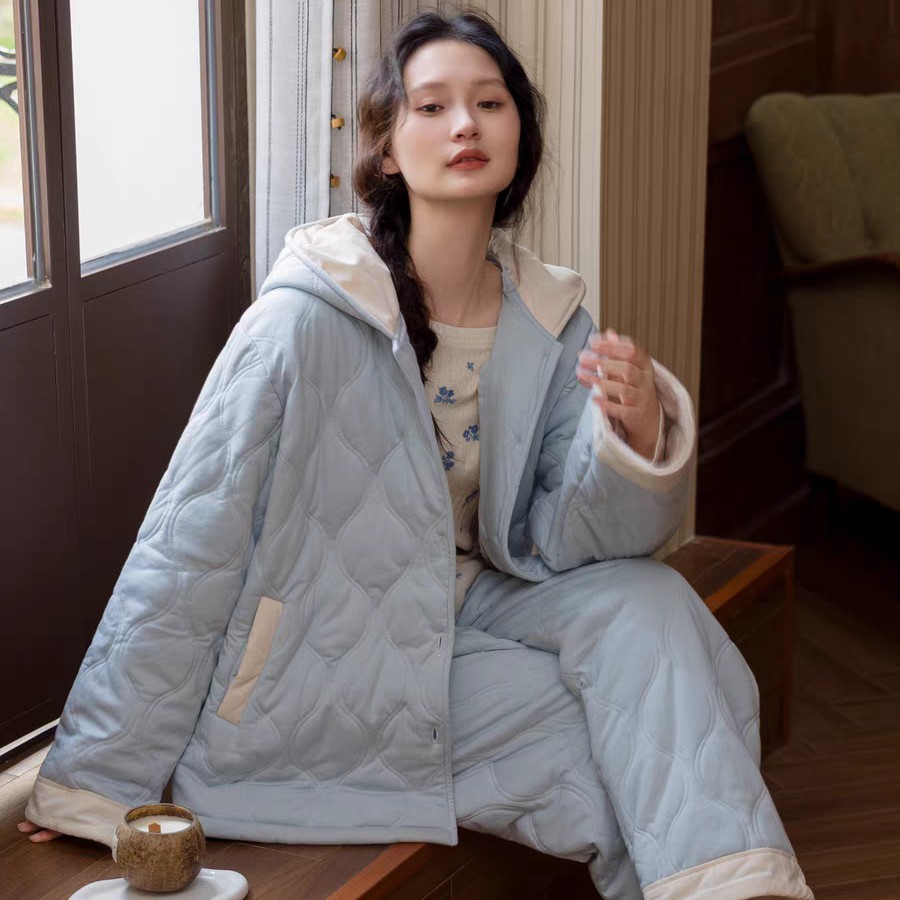 族玛士女士秋冬季三层夹棉加绒加厚蓝色连帽可外穿保暖睡衣套