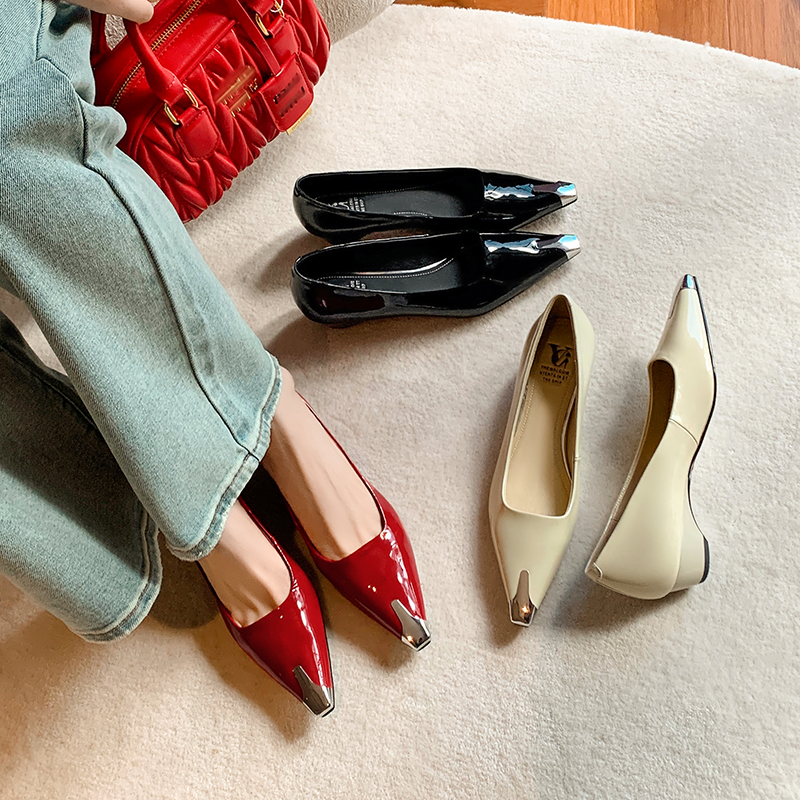 范戈希牛皮跟高3CM单鞋方头玛丽珍鞋春季女低跟浅口时尚买1赠3