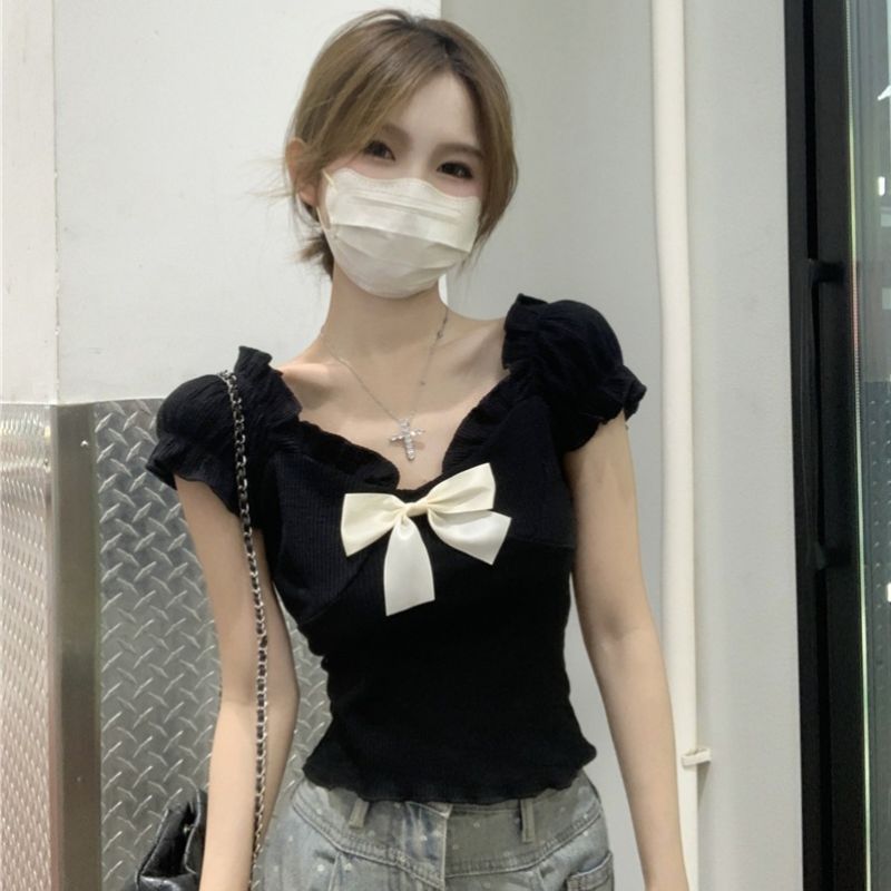 法式黑色蝴蝶结正肩短袖T恤衫女夏季新款设计感修身显瘦短款上衣