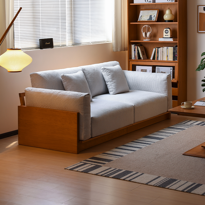 管木匠平躺沙发落地沙发小户型实木可拆洗北欧布艺沙发侘寂风客厅