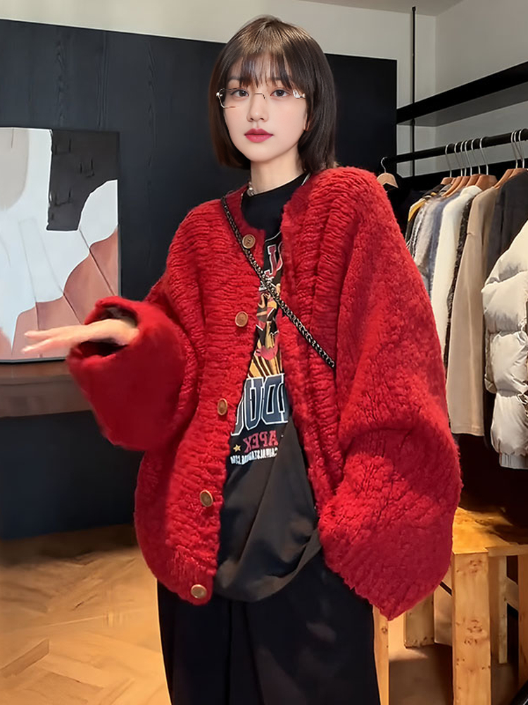 大码胖MM法式氛围感圣诞红色毛衣外套女新款宽松洋气针织开衫上衣