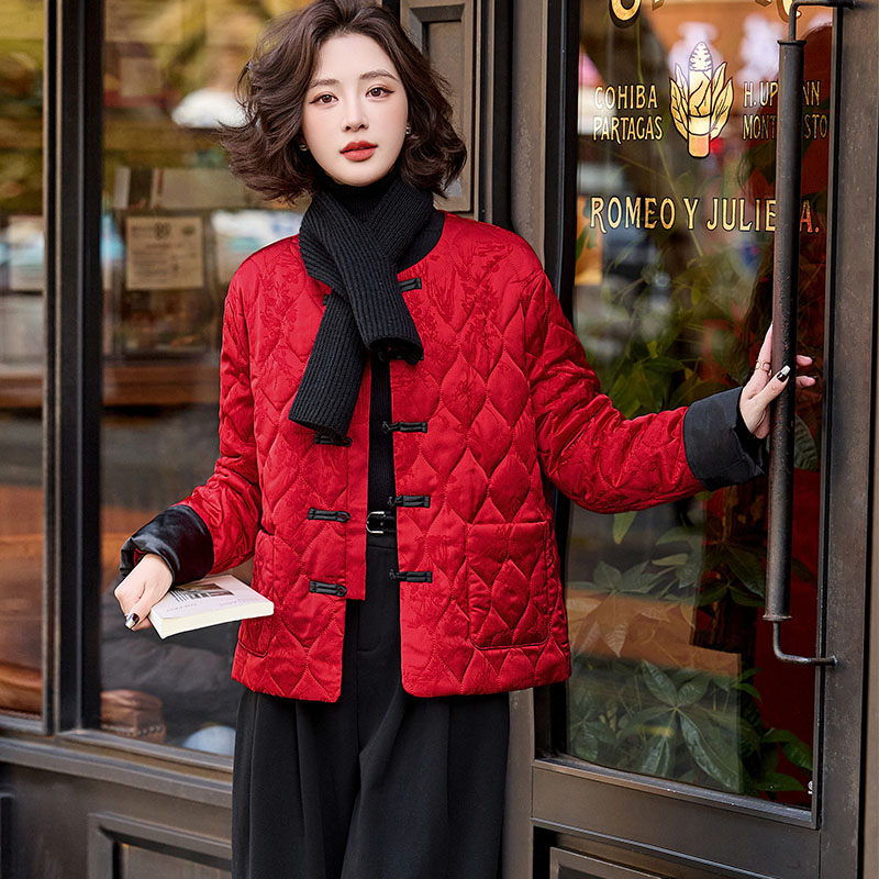 新款棉服女装提花上衣圣诞新年订婚红色外套改良唐装中式夹棉外套