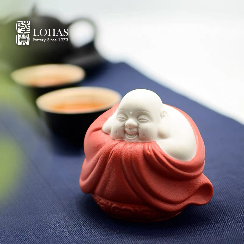陆宝茶具陶瓷茶宠摆件茶玩茶席用品粗陶弥勒佛茶道茶桌摆件可养