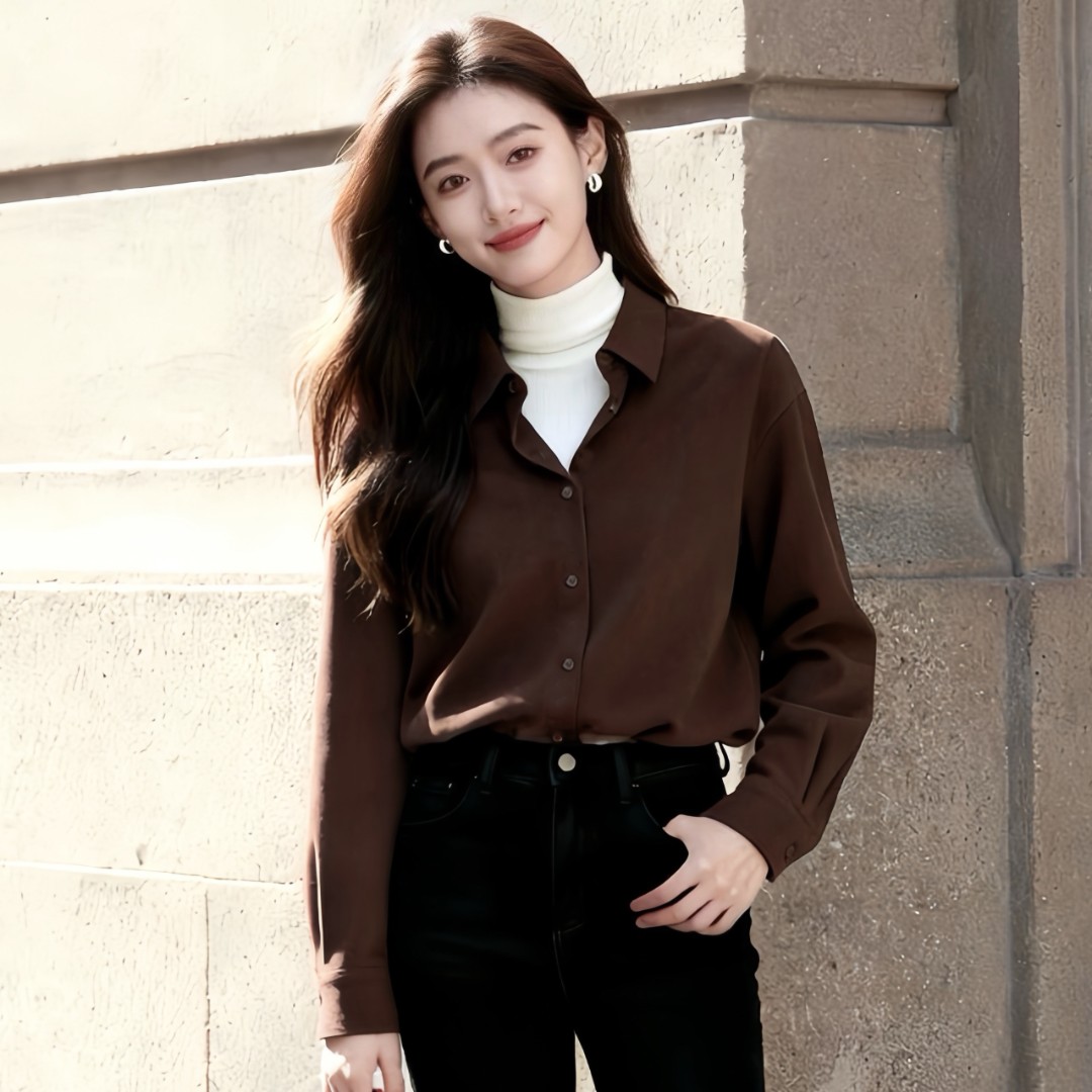 咖色高级感女款磨毛衬衫秋冬内搭复古港风长袖衬衣外穿小众薄外套