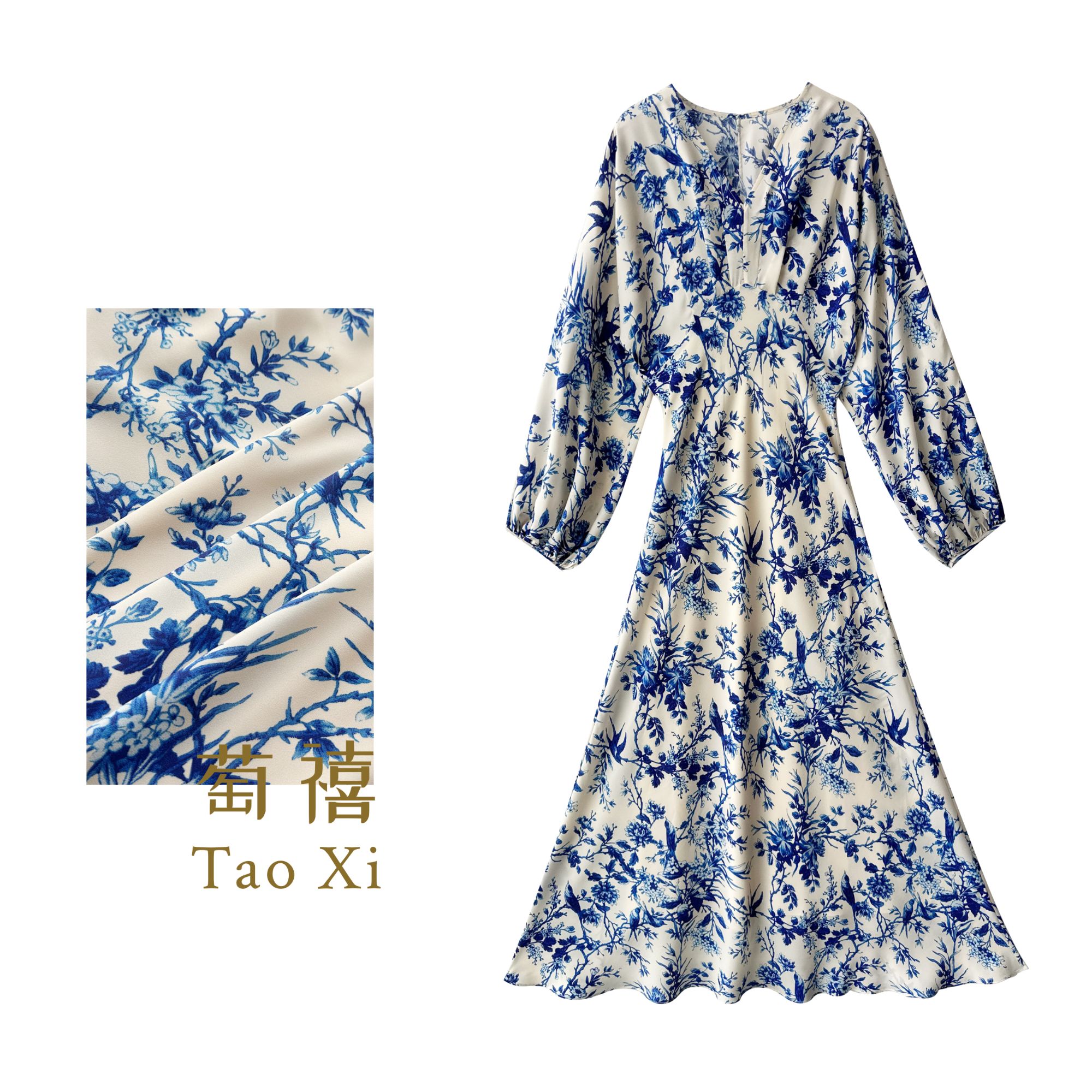 【有你】设计师时尚印花V领长袖气质显瘦优雅修身连衣裙TX05QZ6402