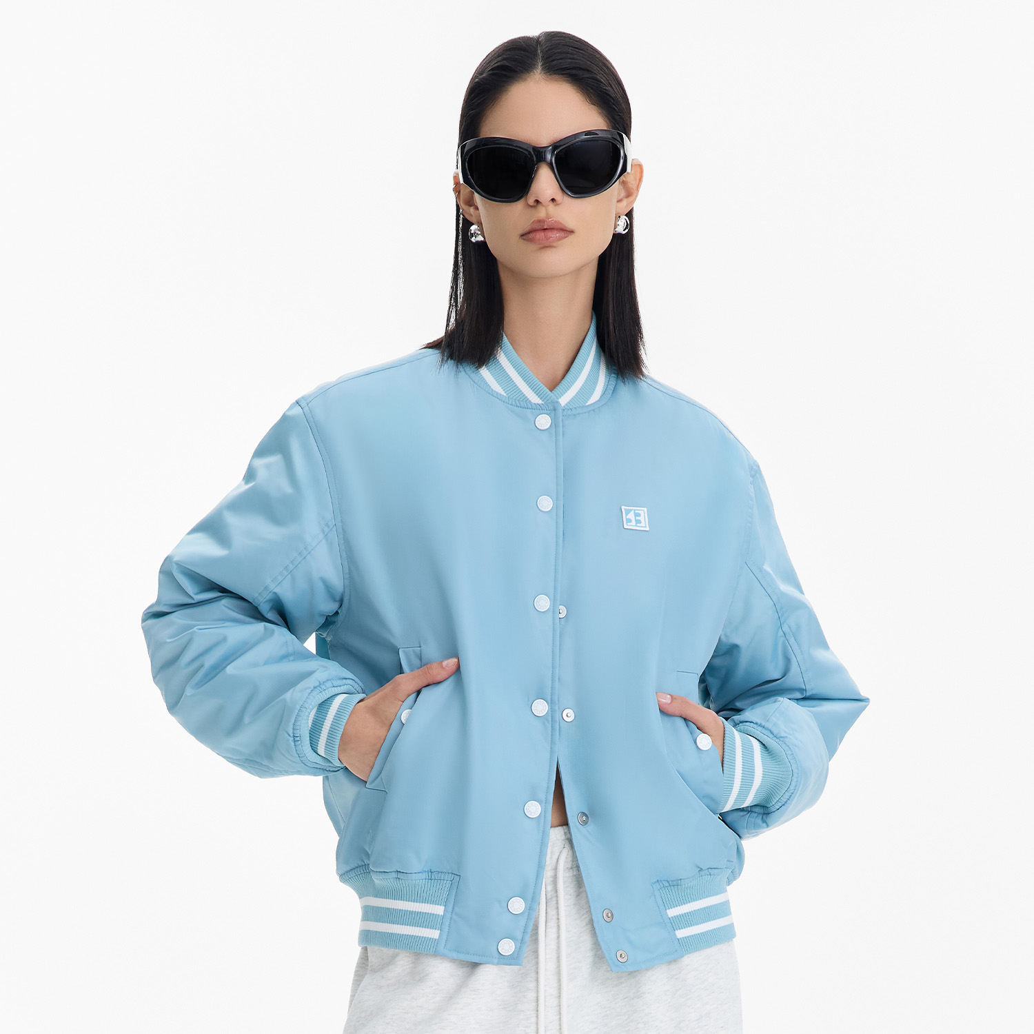 CALLED BACK秋季新款撞色立领百搭时尚蓝色棒球服羽绒服外套女