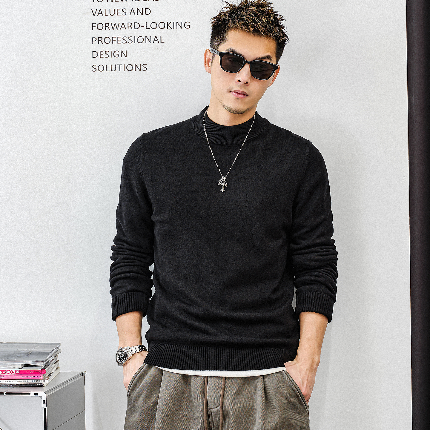 Aft studio基础款 百搭叠穿半高领毛衣男秋冬大码休闲针织衫上衣