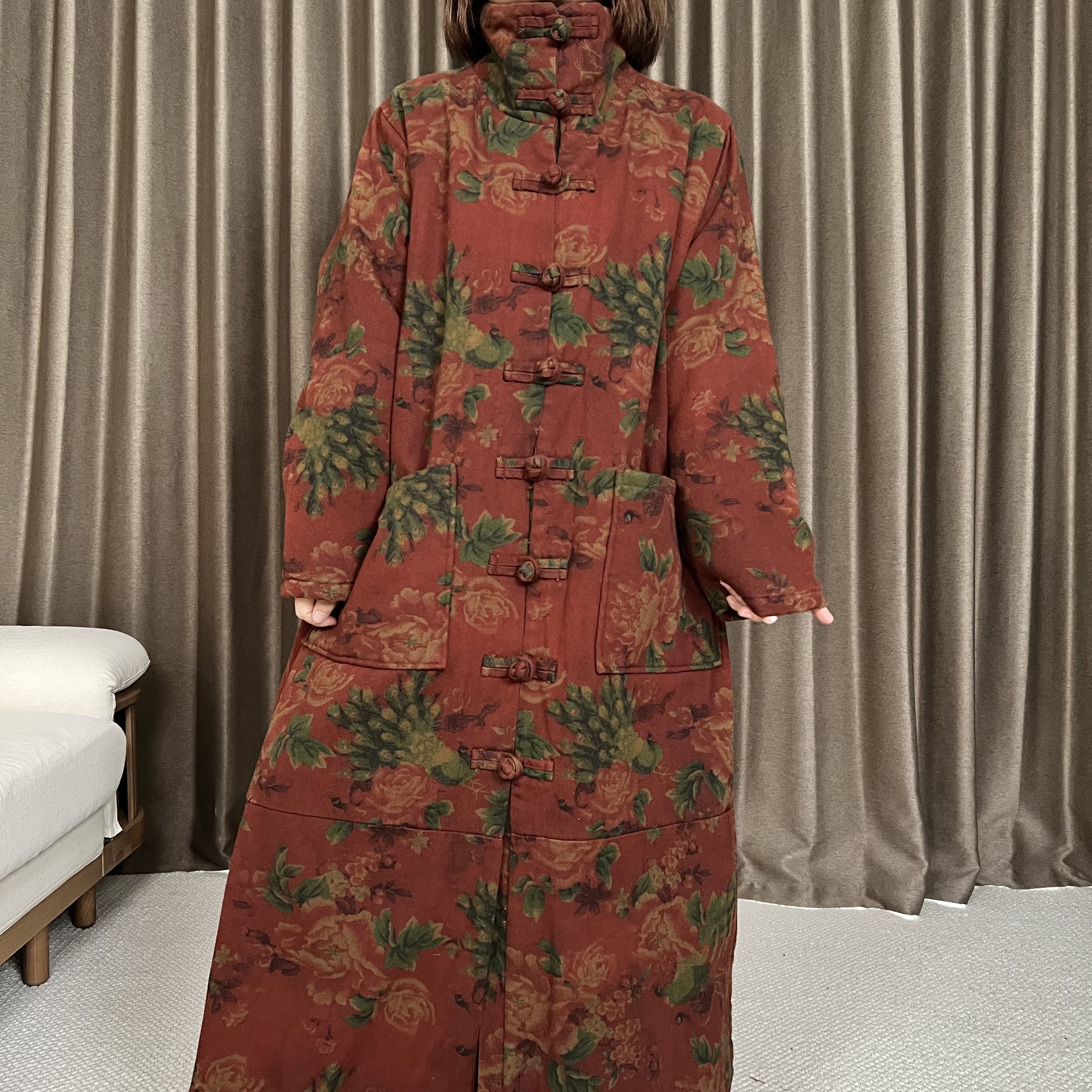 2588【长款棉服】印花气质做旧中式免烫棉服民族风长袖棉衣长款