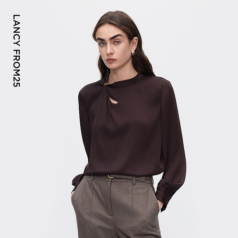 朗姿捏褶镂空设计感衬衫时尚垂感通勤金属扣衬衣2025年冬季新款