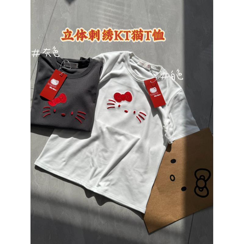 小雅姐姐 减龄立体刺绣猫咪圆领休闲短袖T恤KI55