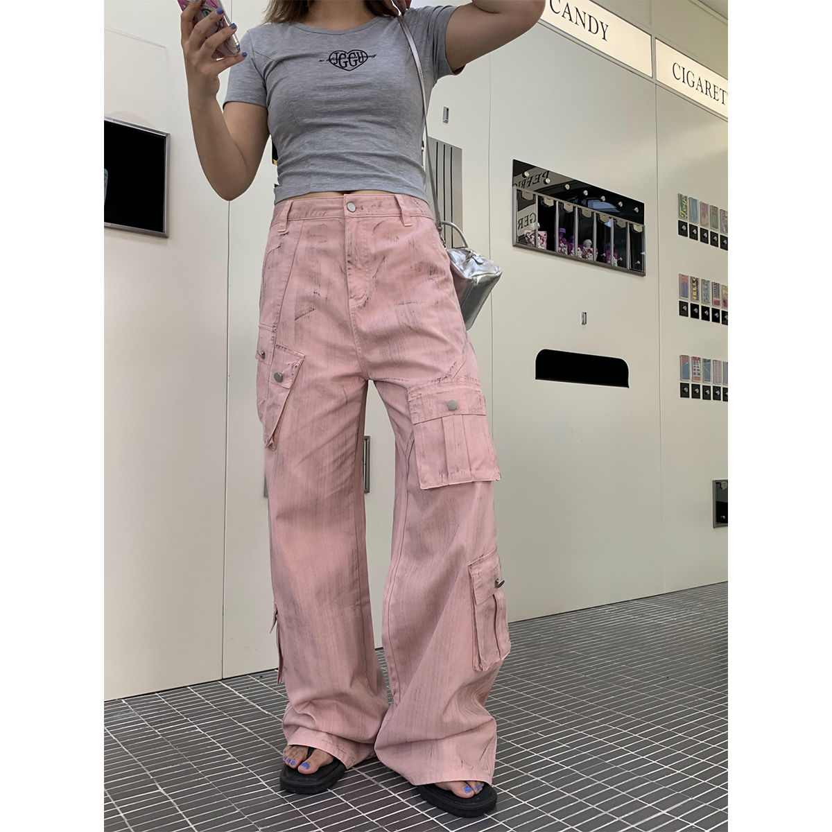 【100棉】晶咕白标~不规则口袋炒色直筒休闲牛仔工装裤夏季大码高腰