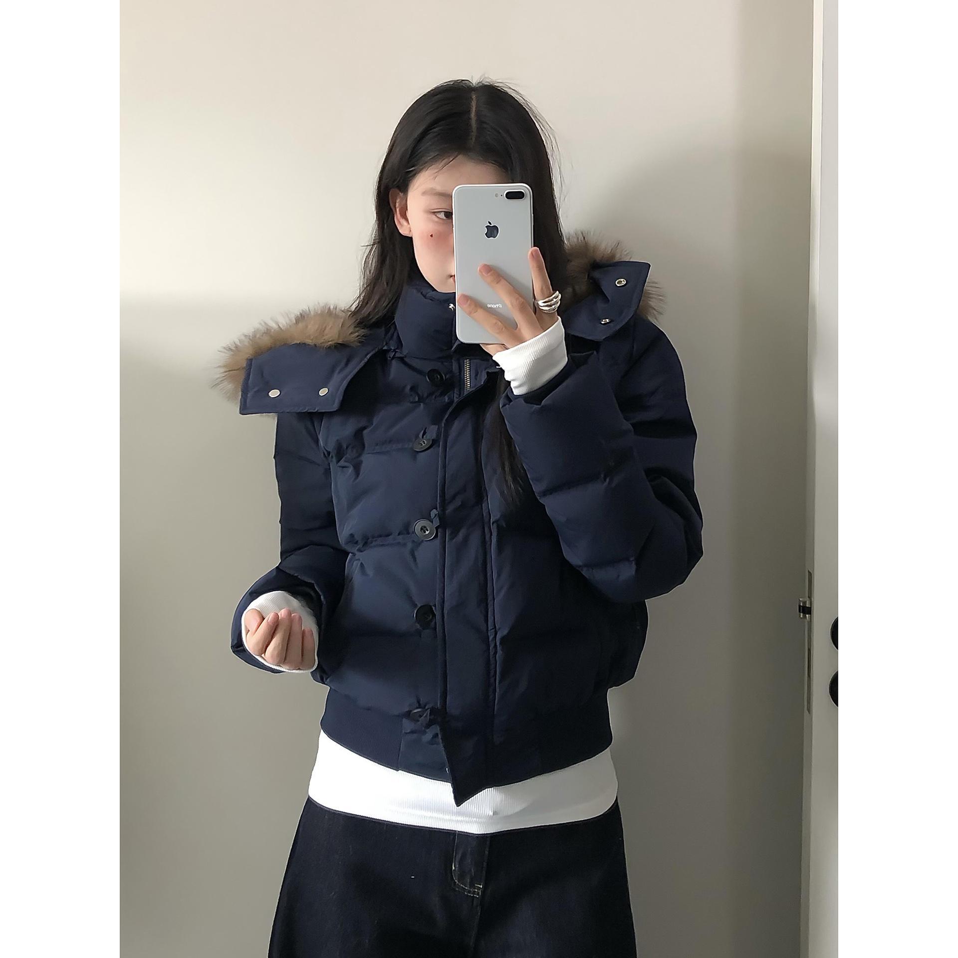 美式复古连帽毛领棉服外套女冬季新款加厚短款面包服棉袄女 