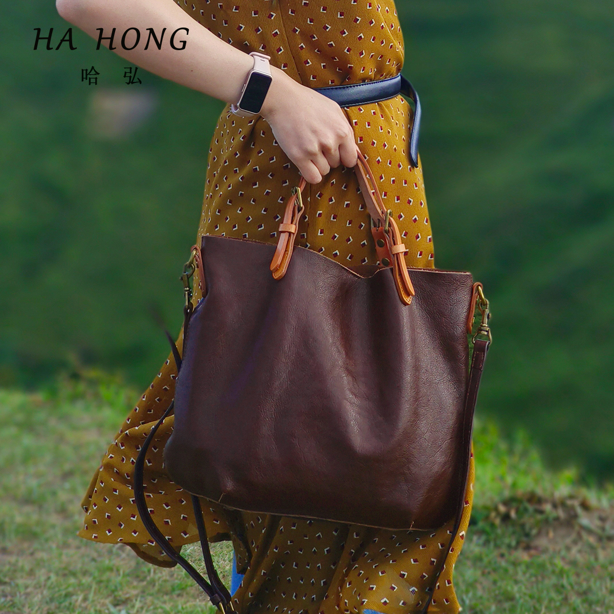 哈弘头层牛皮简约轻便单肩休闲包大容量高级感小众设计斜挎包