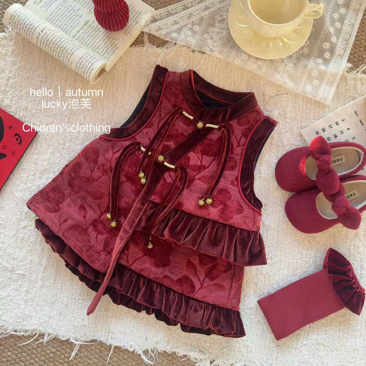 【lucky泡芙】新中式！女童国风丝绒盘扣马甲荷叶边半身裙汉服套装