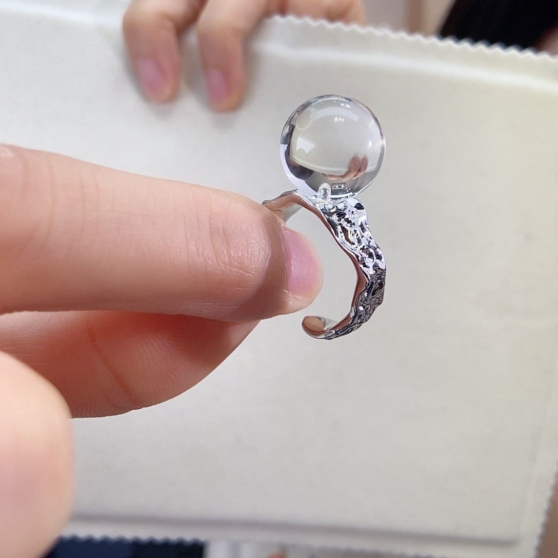 戒指银S925镶嵌水晶白水晶球戒指