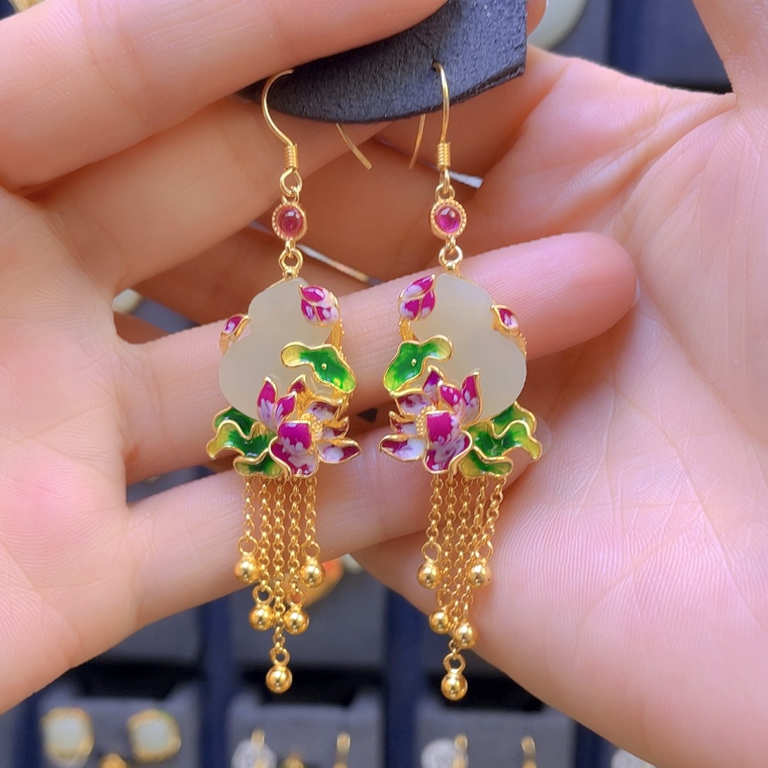 和田玉耳饰银S925镀金镶嵌