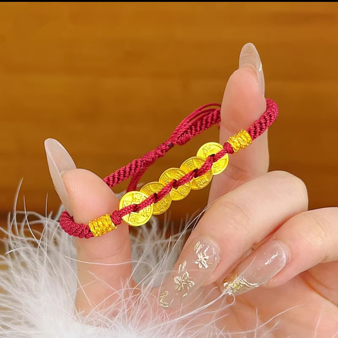 合金手链 【高端定制】新款五帝钱红绳编织手链