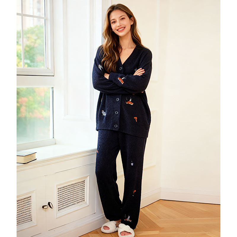 米诗缇【刺绣狗狗直筒裤藏青色】小众设计可外穿潮牌长袖长裤家居服