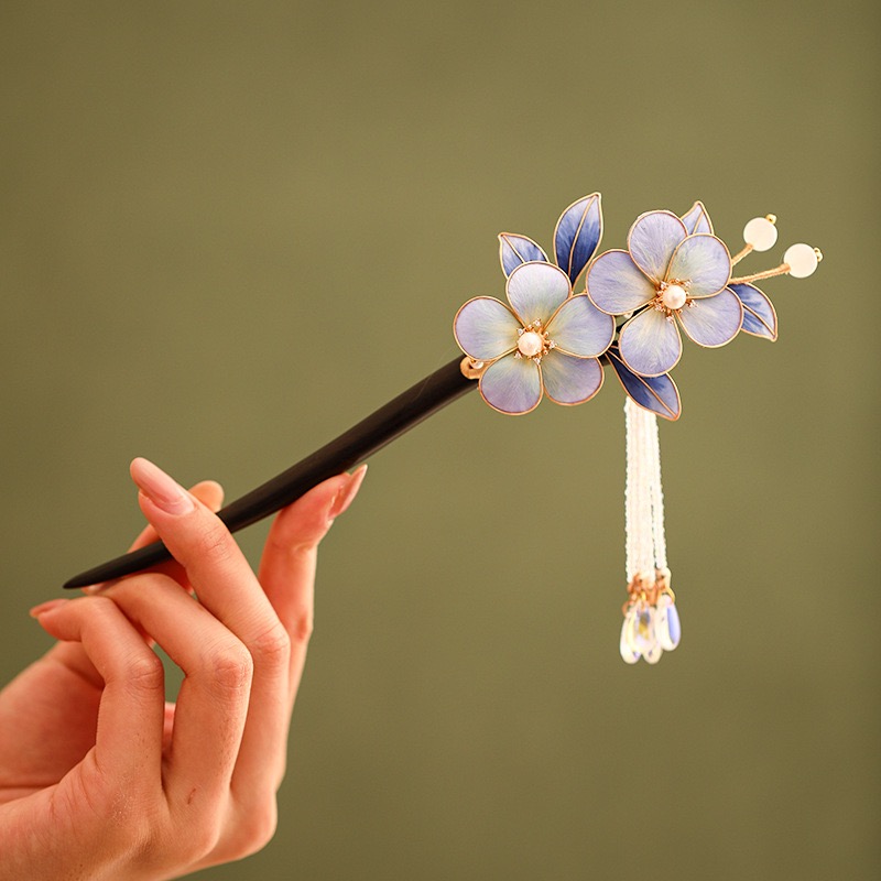 檀木发簪手工绒花新中式国风蚕丝绒花发钗古风汉服发饰品复古简约