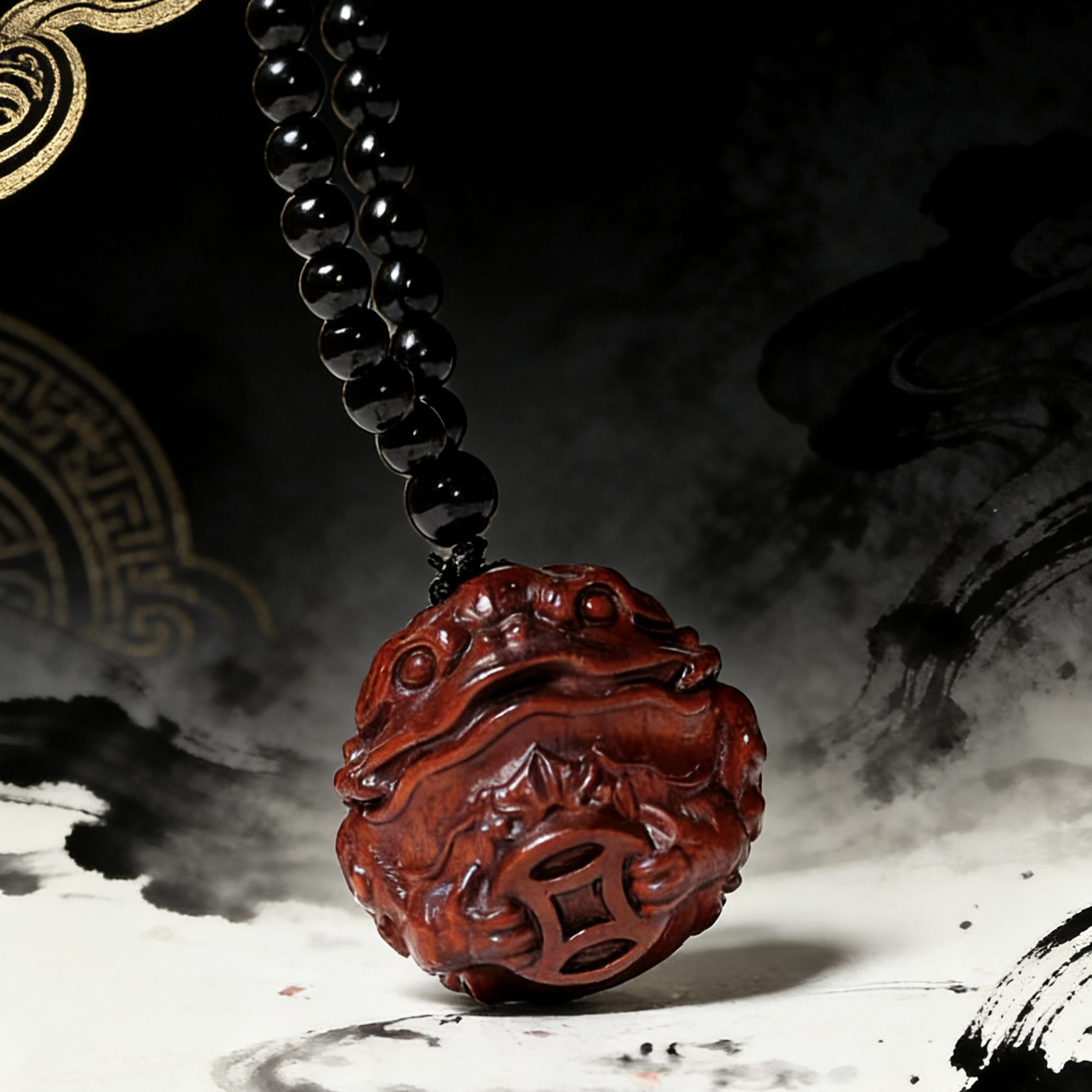 紫檀木精雕金蟾抱铜钱手把件工艺品