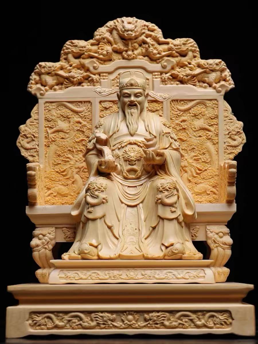 桧木雕刻如意元宝财神爷摆件家用供奉财神爷神像家居公司装饰品