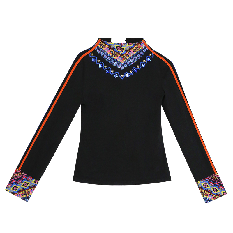 两人故事原创设计复古民族风T恤女半高领2022年秋冬新款TX1089