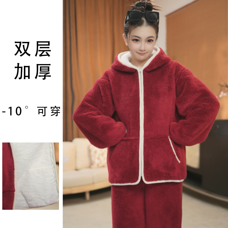【双层加厚】睡衣女秋冬季连帽加绒加厚保暖休闲家居服套装可外穿