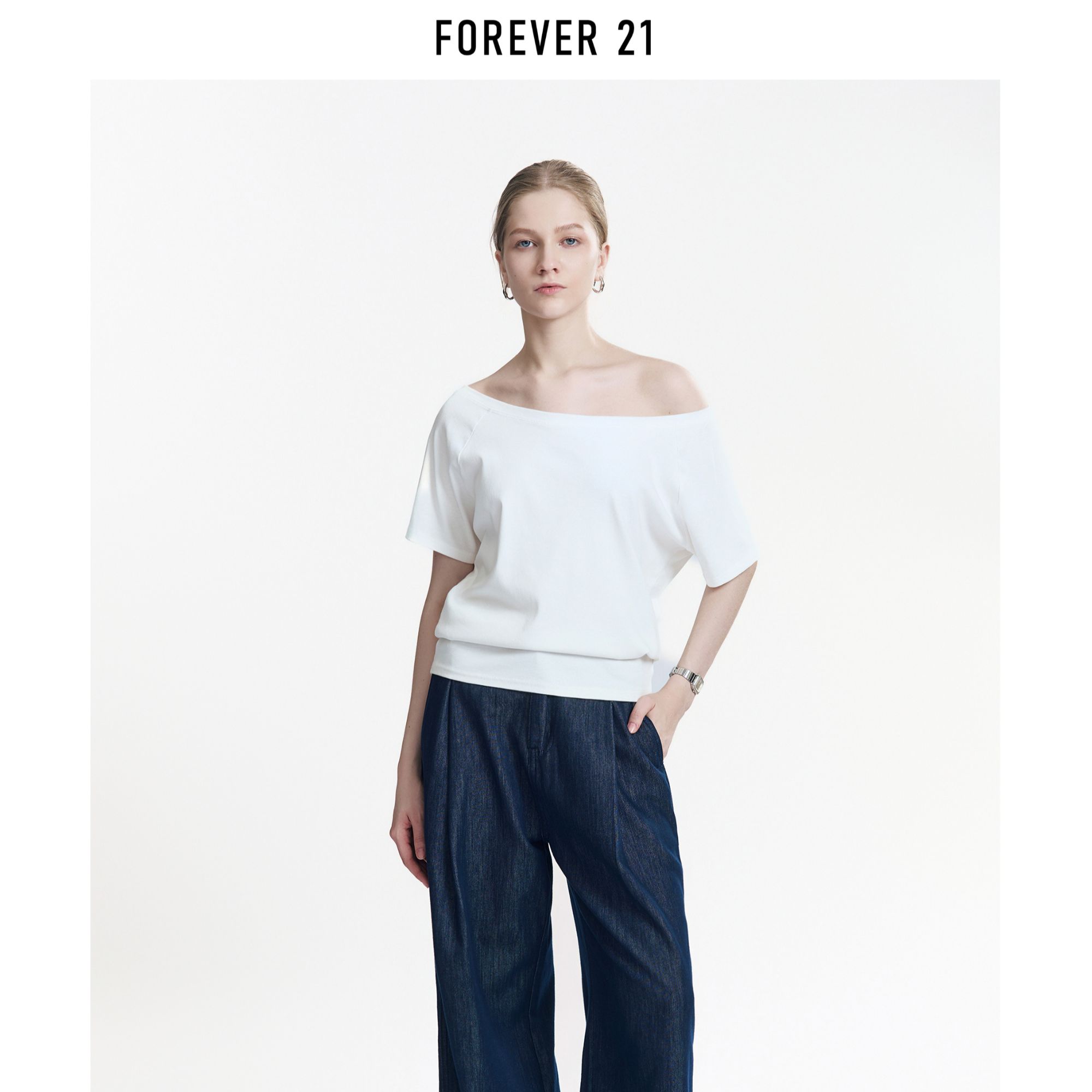 FOREVER 21/永恒 21斜肩一字肩两穿短袖T恤宽松时尚气质百搭薄款