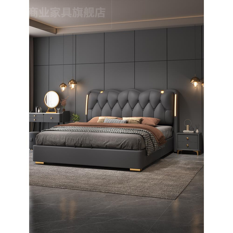 意式真皮床主卧2米2米2大床现代简约1.8米软包皮艺实木储物婚床