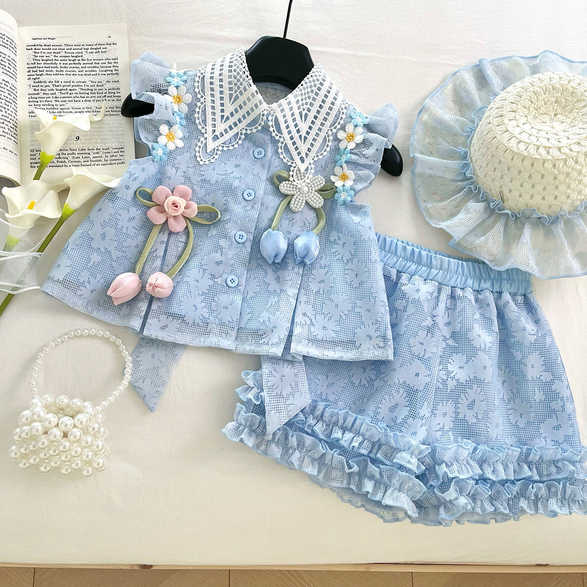 新款女童新中式国风无袖上衣裙裤套装SA30139