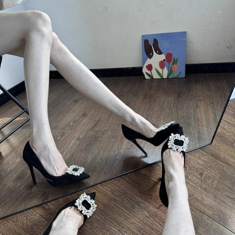 5cm小单鞋女春夏新款黑色绒面尖头浅口细跟高跟鞋方扣水钻10cm鞋