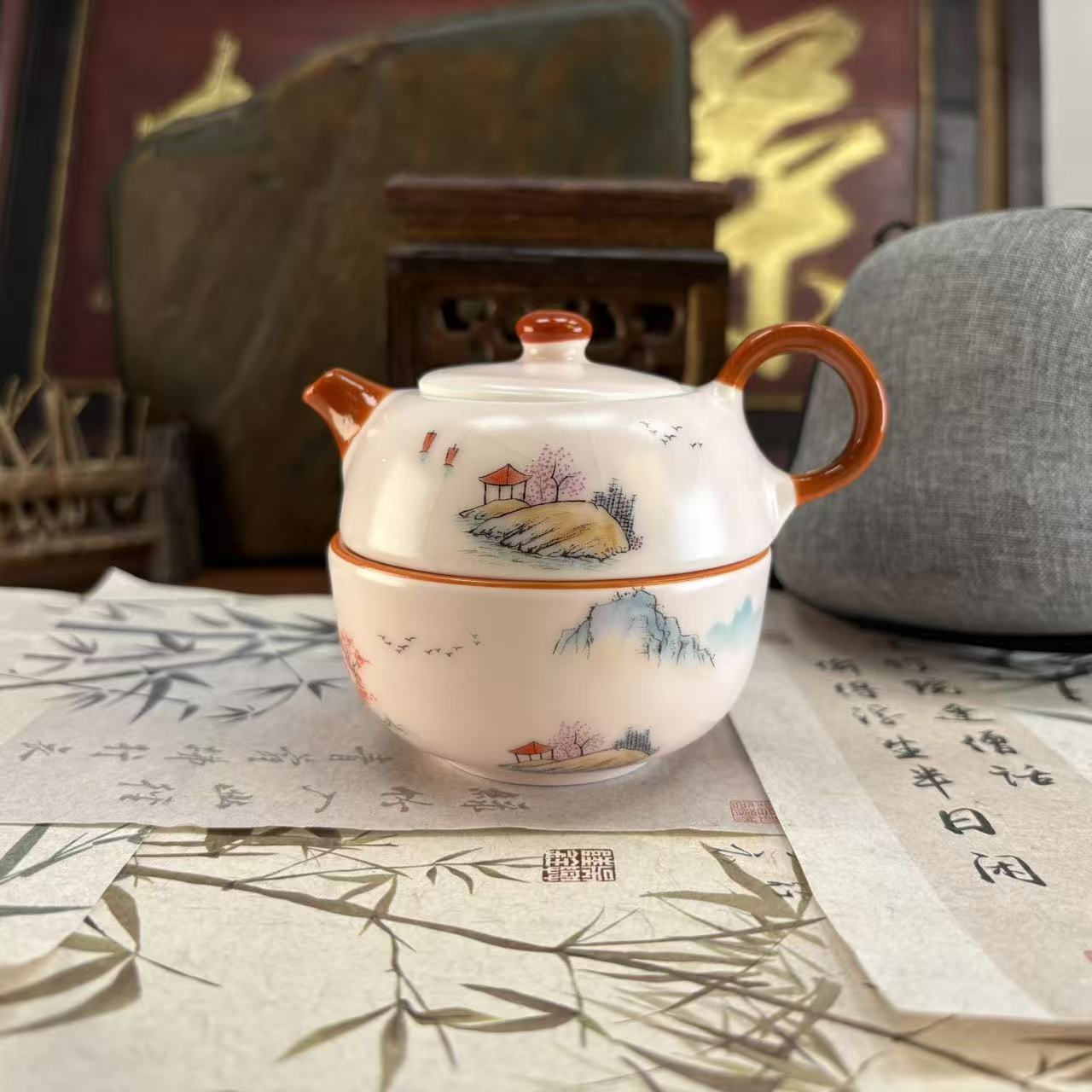 粉汝套杯壶旅行【山水】-灰布包-4638-直播专享