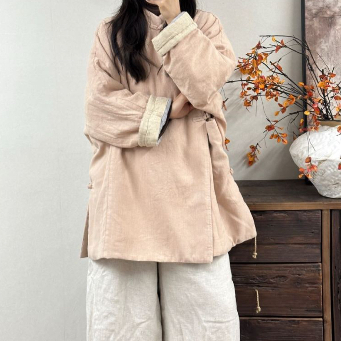 桃子家大码斜襟禅意亚麻棉袍