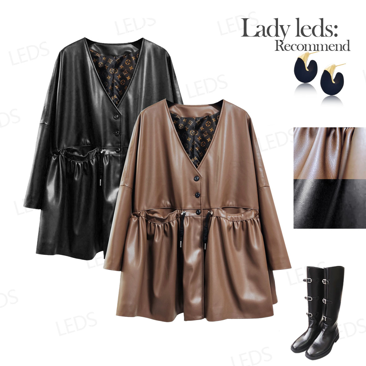 LEDS 2572早春新款百搭美拉德色系无领收腰抽绳皮衣