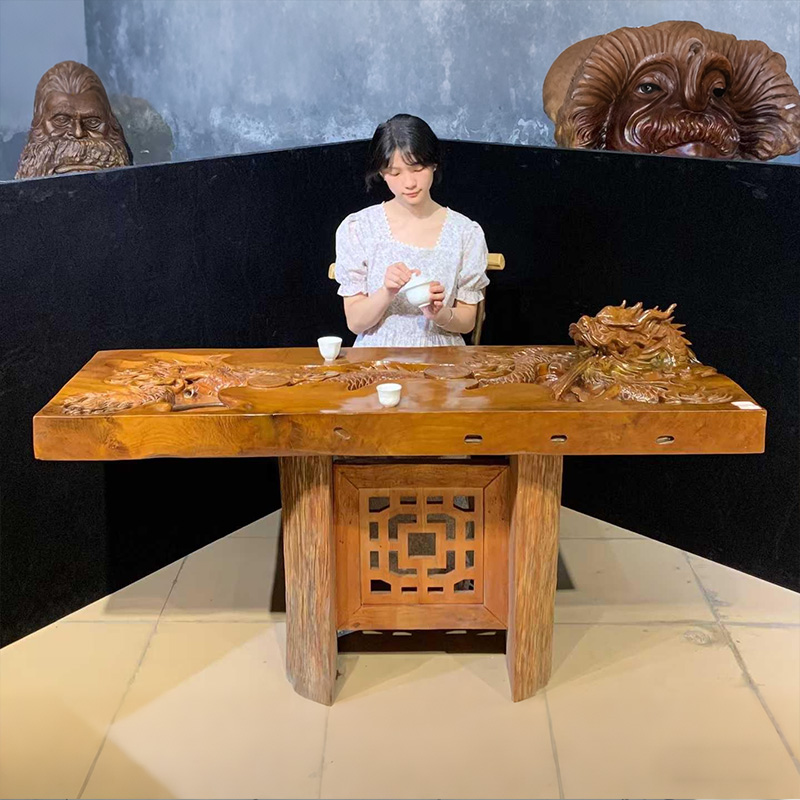 新中式实木大板桌茶桌椅组合龙腾四海功夫茶几原木整板泡茶桌